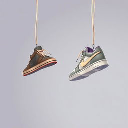 An artistic depiction of a pair of 2D hanging sneakers suspended by their laces