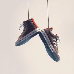 An artistic depiction of a pair of 2D hanging sneakers suspended by their laces