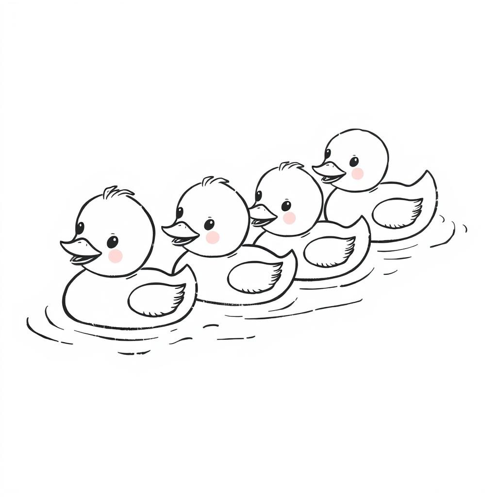 Cute ducklings swimming in a row, each with a playful and endearing expression