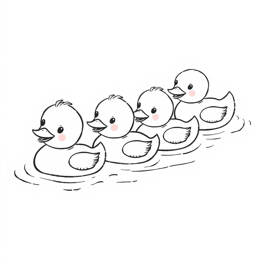 Cute ducklings swimming in a row, each with a playful and endearing expression