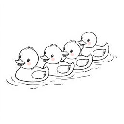 Cute ducklings swimming in a row, each with a playful and endearing expression