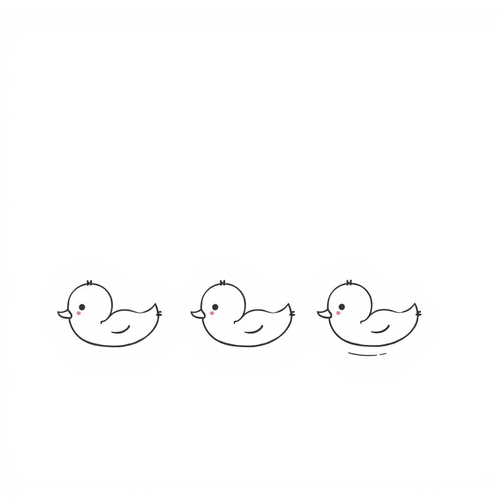 Cute ducklings swimming in a vertical row, each with a playful and endearing expression