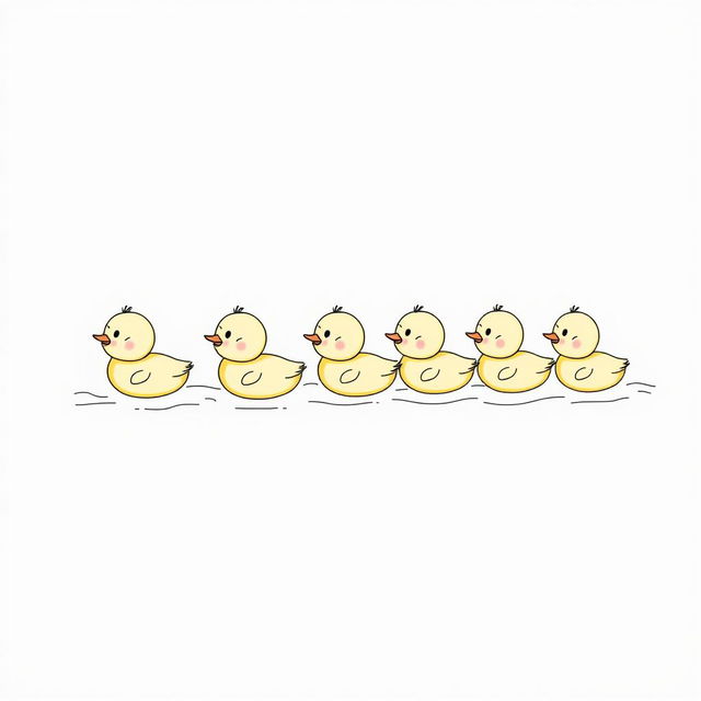 Cute ducklings swimming in a vertical row, each with a playful and endearing expression