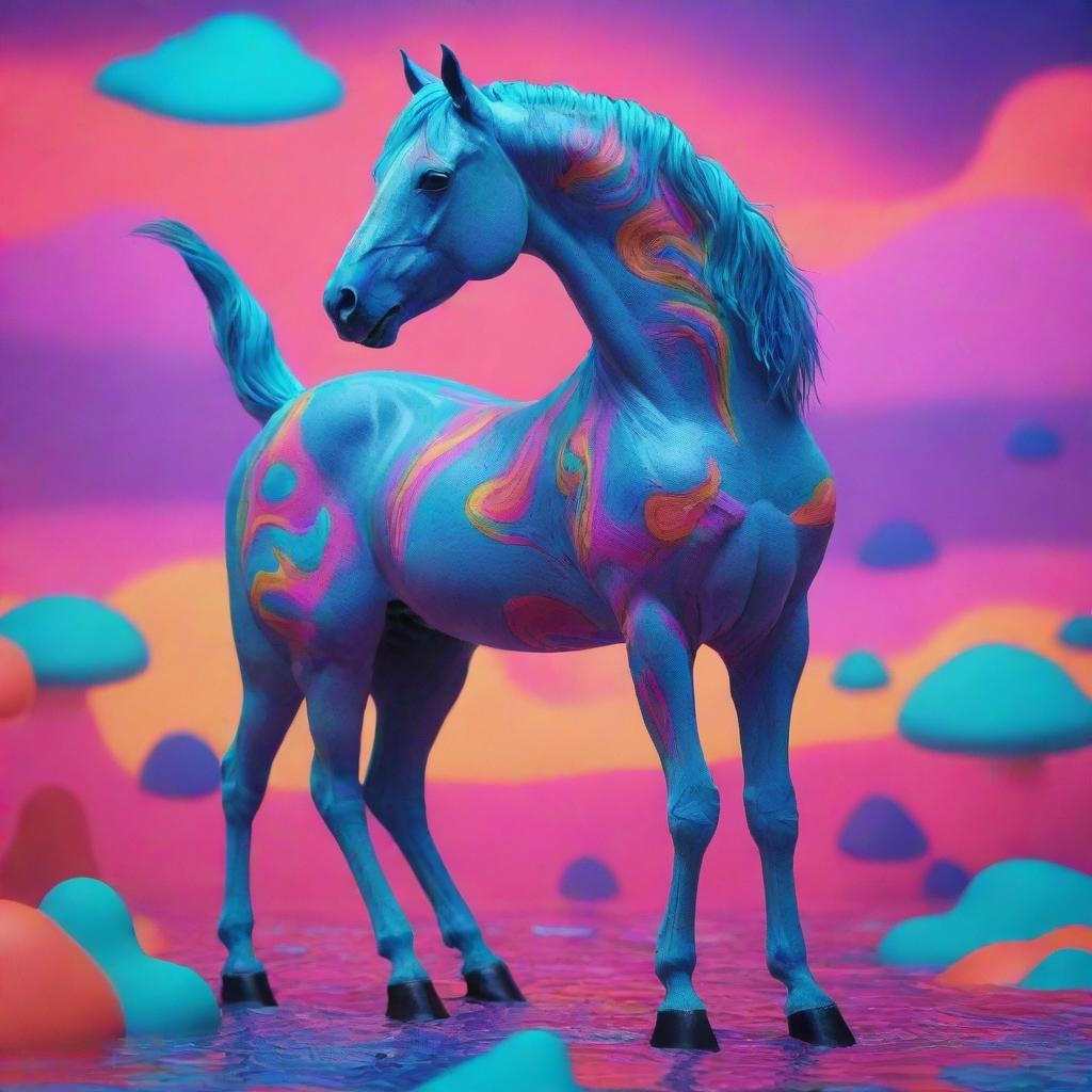 An animated horse with tripophobic skin texture in neon colors, amidst a multitude of shapes and forms in a vivid LSD-inspired, psychedelic aquatic landscape