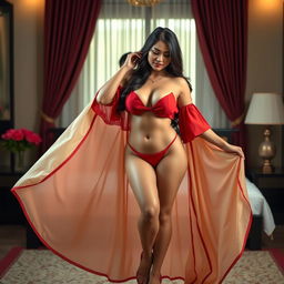 A Thailand pornstar with a voluptuous figure, elegantly wearing a bikini that highlights her curves and an open, flowing cream and red color combination chadar, adding an element of elegance