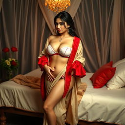 A Thailand pornstar with a voluptuous figure, elegantly posed in a bikini that highlights her curves, depicted in an intimate, romantic setting with her boyfriend in an oyo room