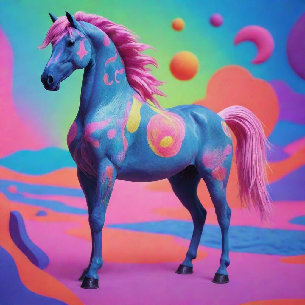 An animated horse with tripophobic skin texture in neon colors, amidst a multitude of shapes and forms in a vivid LSD-inspired, psychedelic aquatic landscape