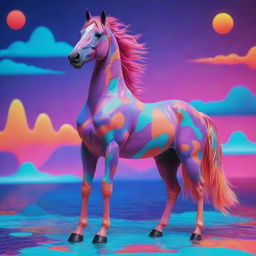 An animated horse with tripophobic skin texture in neon colors, amidst a multitude of shapes and forms in a vivid LSD-inspired, psychedelic aquatic landscape