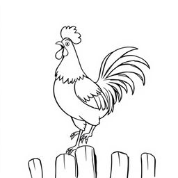 A proud rooster crowing energetically atop a fence, exuding confidence and vibrancy