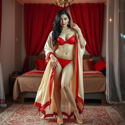 A Thailand pornstar with a voluptuous figure, elegantly wearing a bikini that highlights her curves and an open, flowing cream and red color combination chadar, adding an element of elegance