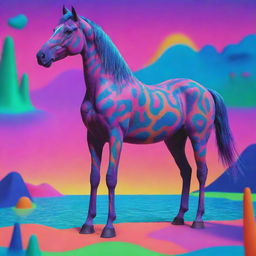 An animated horse with tripophobic skin texture in neon colors, amidst a multitude of shapes and forms in a vivid LSD-inspired, psychedelic aquatic landscape