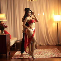 A Thailand pornstar with an alluring and voluptuous figure is depicted with a bikini highlighting her curves in a romantic and intimate setting