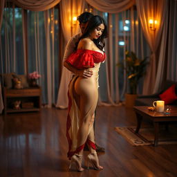 A Thailand pornstar with an alluring and voluptuous figure is depicted with a bikini highlighting her curves in a romantic and intimate setting