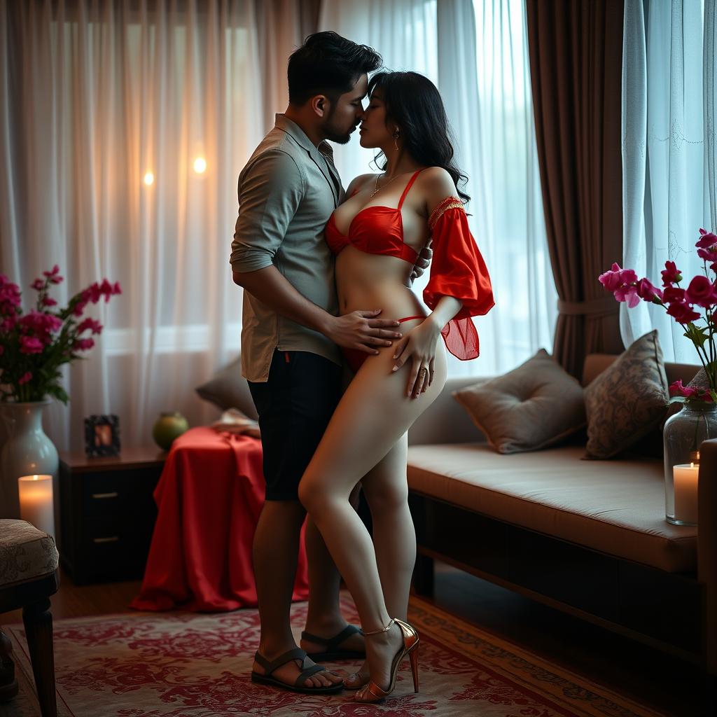 A Thailand pornstar with an eye-catching, curvaceous figure is depicted in a romantic and intimate setting