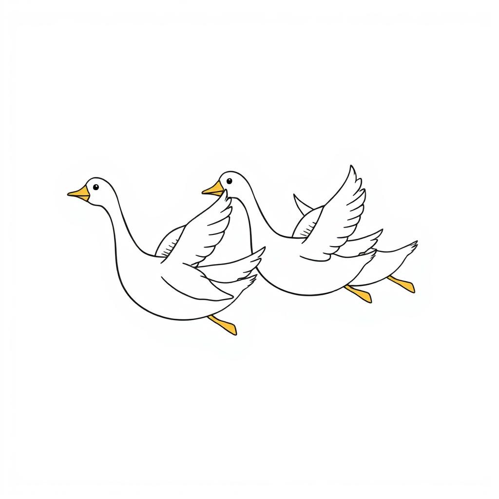 Adorable geese flying together with elongated necks and smooth wing strokes, captured mid-flight in a simple and dynamic formation