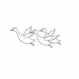 Adorable geese flying together with elongated necks and smooth wing strokes, captured mid-flight in a simple and dynamic formation