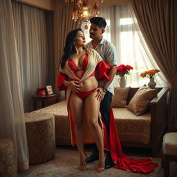 A portrayal of a Thailand pornstar with a captivating and voluptuous physique dressed in a bikini that highlights her curves, set in a romantically intimate oyo room with her boyfriend