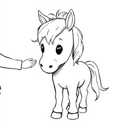 A heartwarming illustration of a cute pony being gently petted by a child