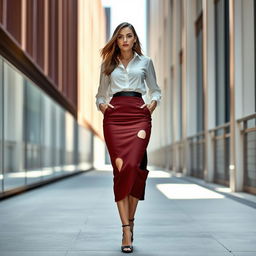 elegant woman wearing a pencil skirt with artistic cut-out holes, chic and fashionable attire, confident posture, sophisticated fashion statement, modern urban setting, stylish blouse complementing the skirt, high heels adding grace, sunlight casting gentle shadows, dynamic and contemporary fashion scene