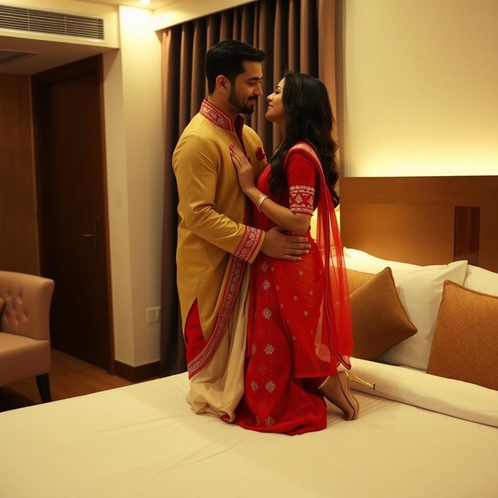 A romantic scene in an OYO room featuring a Thai pornstar in an elegant muga, cream, and red chadar with a red mekhela and blouse, accessorized with high heels