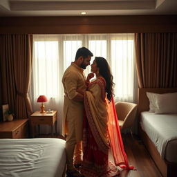 A romantic scene in an OYO room featuring a Thai pornstar in an elegant muga, cream, and red chadar with a red mekhela and blouse, accessorized with high heels