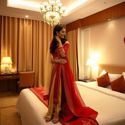 A romantic scene in an OYO room featuring a Thai pornstar in an elegant muga, cream, and red chadar with a red mekhela and blouse, accessorized with high heels