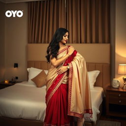 A romantic scene in an OYO room featuring a Thai pornstar in an elegant muga, cream, and red chadar with a red mekhela and blouse, accessorized with high heels