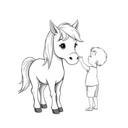 A heartwarming illustration of a cute pony being gently petted by a child