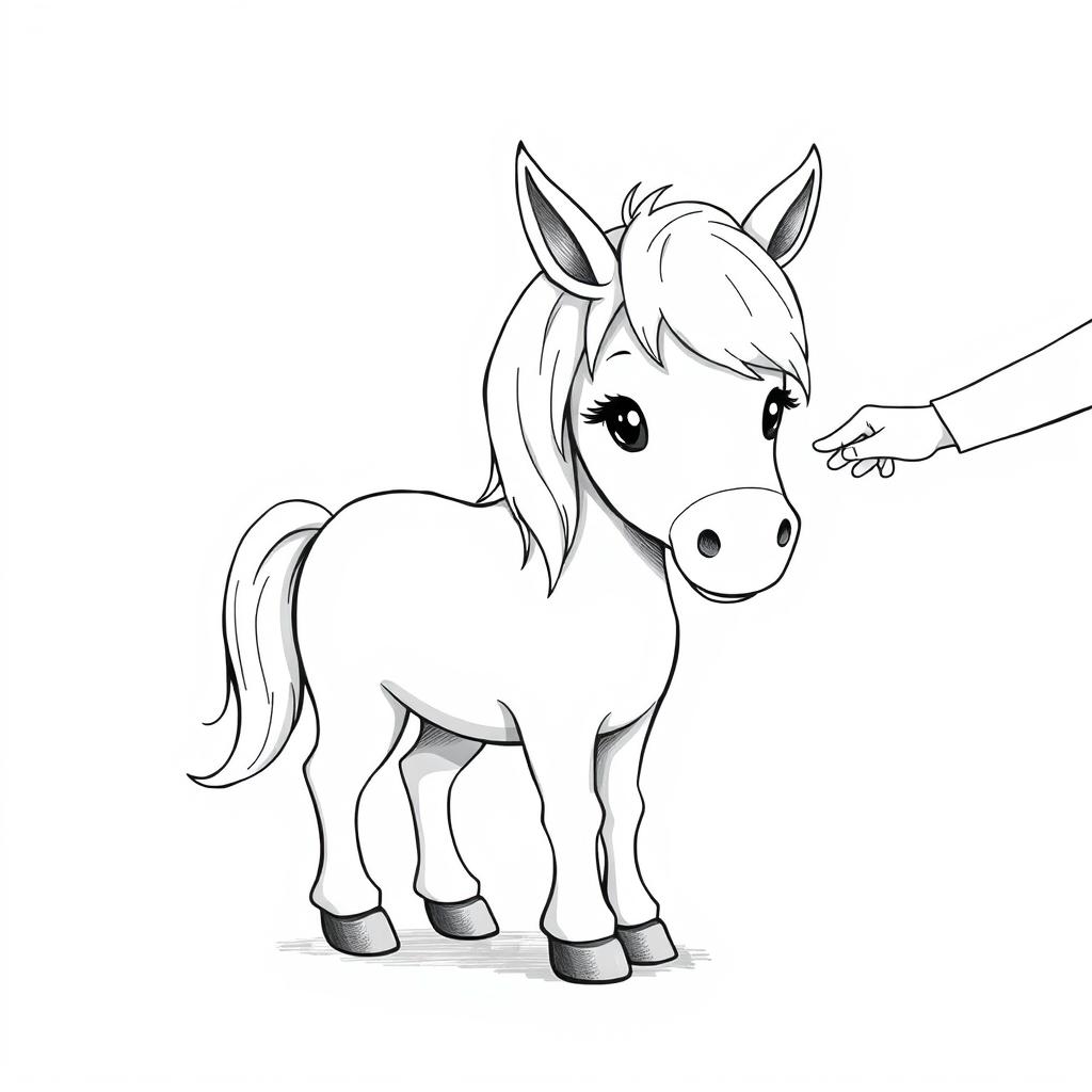 A heartwarming illustration of a cute pony being gently petted by a child