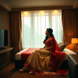 A romantic scene in an OYO room featuring a Thai pornstar wearing an elegant muga, cream, and red chadar, paired with a red mekhela and blouse