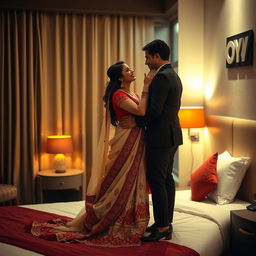 A romantic scene in an OYO room featuring a Thai pornstar wearing an elegant muga, cream, and red chadar, paired with a red mekhela and blouse