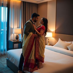 A romantic scene in an OYO room featuring a Thai pornstar wearing an elegant muga, cream, and red chadar, paired with a red mekhela and blouse