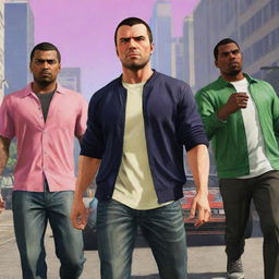 Anime-style characters in the environment of Grand Theft Auto 5, imbued with vibrant colors and high-energy action.