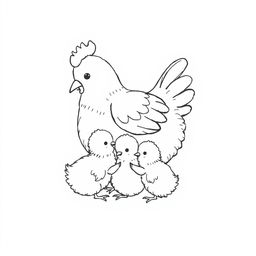 A tender black and white illustration of a hen cuddling her chicks