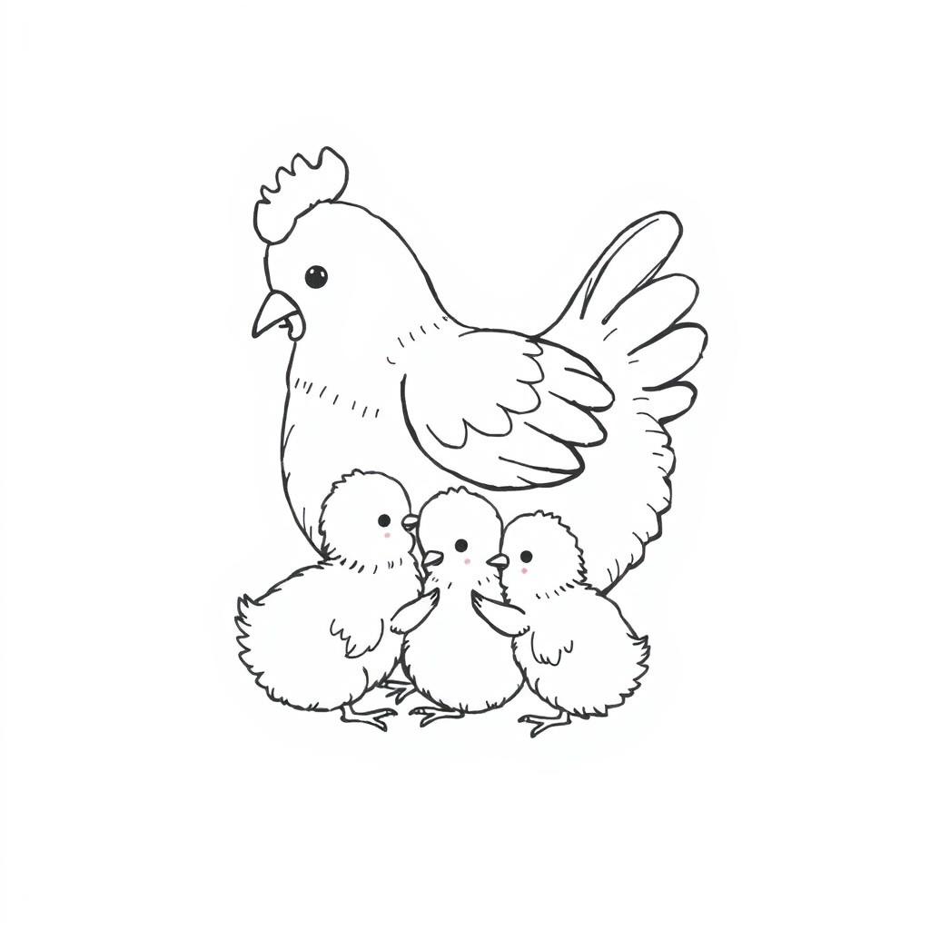 A tender black and white illustration of a hen cuddling her chicks
