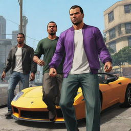 Anime-style characters in the environment of Grand Theft Auto 5, imbued with vibrant colors and high-energy action.