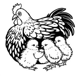 A tender black and white illustration of a hen cuddling her chicks