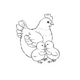 A tender black and white illustration of a hen cuddling her chicks