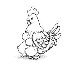 A tender black and white illustration of a hen cuddling her chicks