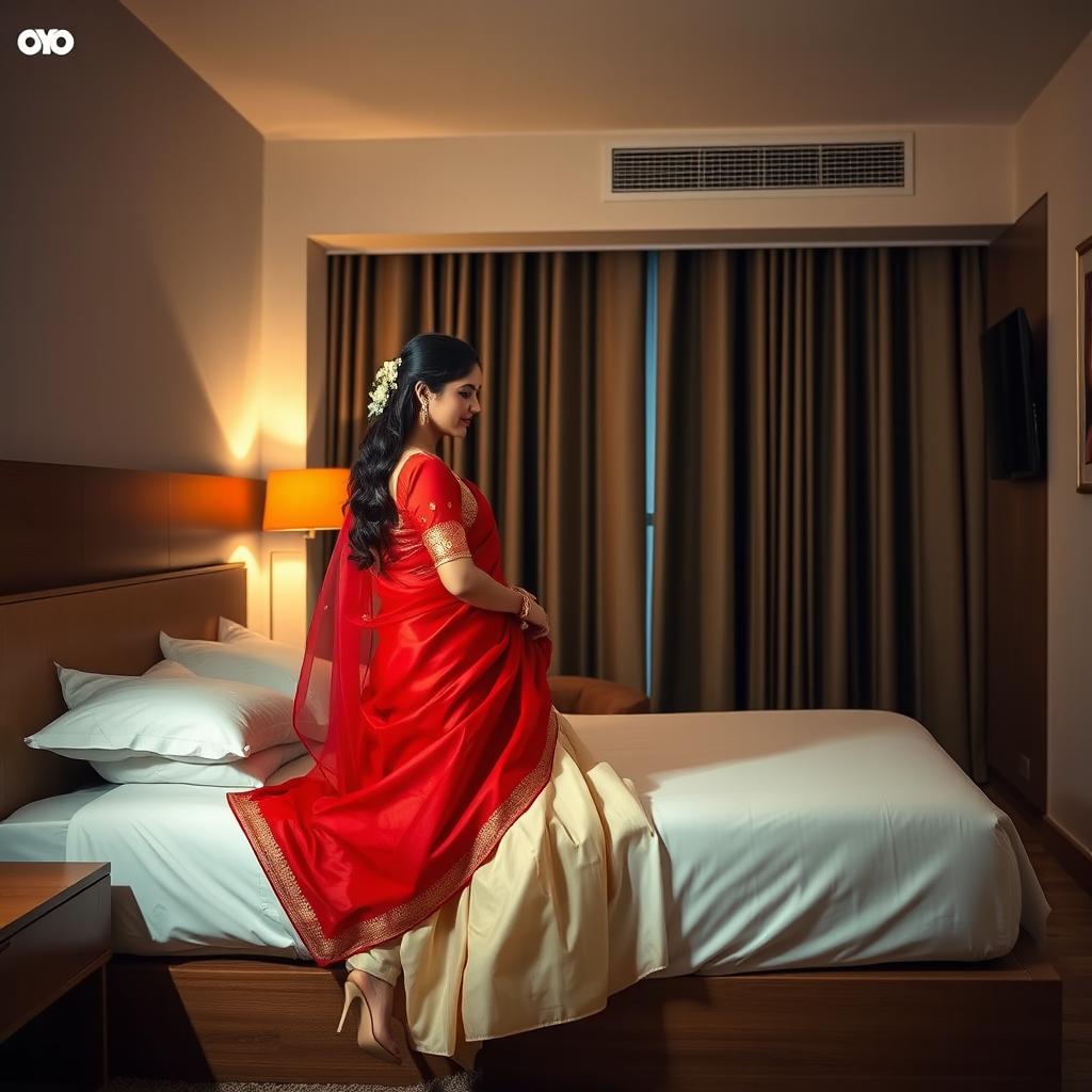 A captivating and elegant scene in an OYO room featuring a Thai actress wearing an exquisite combination of muga, cream, and red chadar with a red mekhela and blouse