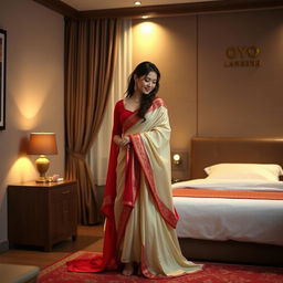 A captivating and elegant scene in an OYO room featuring a Thai actress wearing an exquisite combination of muga, cream, and red chadar with a red mekhela and blouse