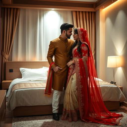 A captivating and elegant scene in an OYO room featuring a Thai actress wearing an exquisite combination of muga, cream, and red chadar with a red mekhela and blouse