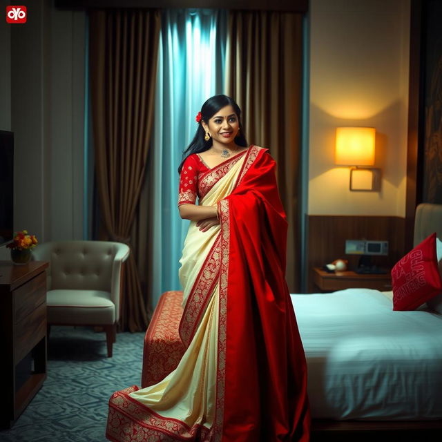 A captivating and elegant scene in an OYO room featuring a Thai actress wearing an exquisite combination of muga, cream, and red chadar with a red mekhela and blouse