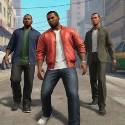 Anime-style characters in the environment of Grand Theft Auto 5, imbued with vibrant colors and high-energy action.