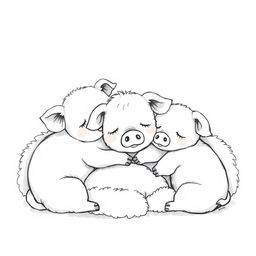 An adorable black and white illustration of piggies sleeping in a cozy, fluffy pile