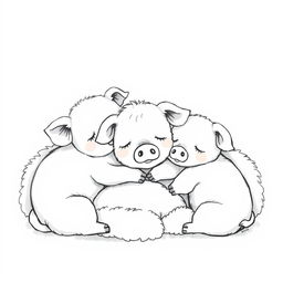 An adorable black and white illustration of piggies sleeping in a cozy, fluffy pile