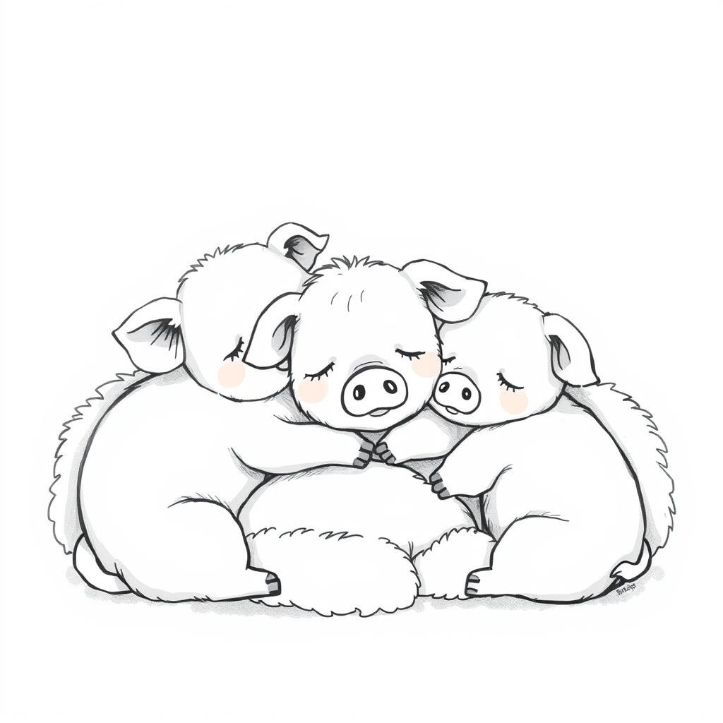An adorable black and white illustration of piggies sleeping in a cozy, fluffy pile
