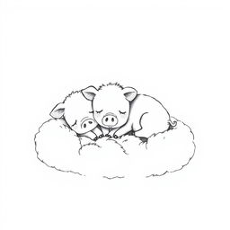 An adorable black and white illustration of piggies sleeping in a cozy, fluffy pile