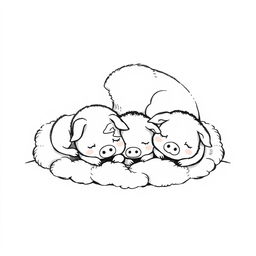 An adorable black and white illustration of piggies sleeping in a cozy, fluffy pile