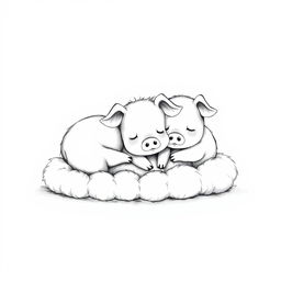 An adorable black and white illustration of piggies sleeping in a cozy, fluffy pile